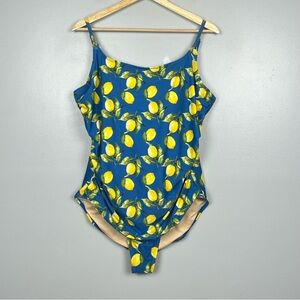 Carole Hickman blue lemon print adjustable strap ruched 1 pc. swimsuit, XXL/14.